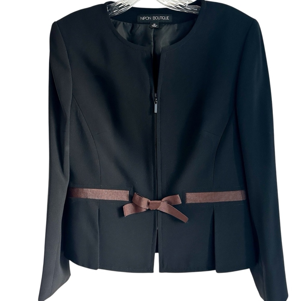 Nipon Boutique Black Jacket to $320 Suit with Brown Ribbon Belt Size 10
